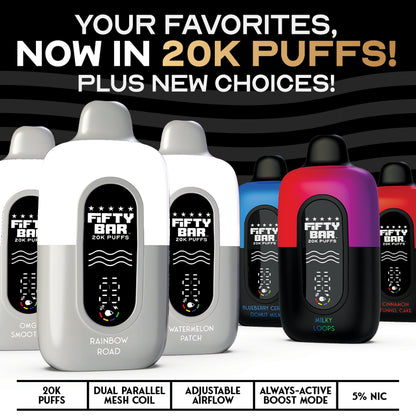 Fifty Bar V2 Powered by Beard Vape Co. 20K Puffs Disposable Vape - Display of 5 (MSRP $19.99 Each)