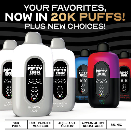 Fifty Bar V2 Powered by Beard Vape Co. 20K Puffs Disposable Vape - Display of 5 (MSRP $19.99 Each)