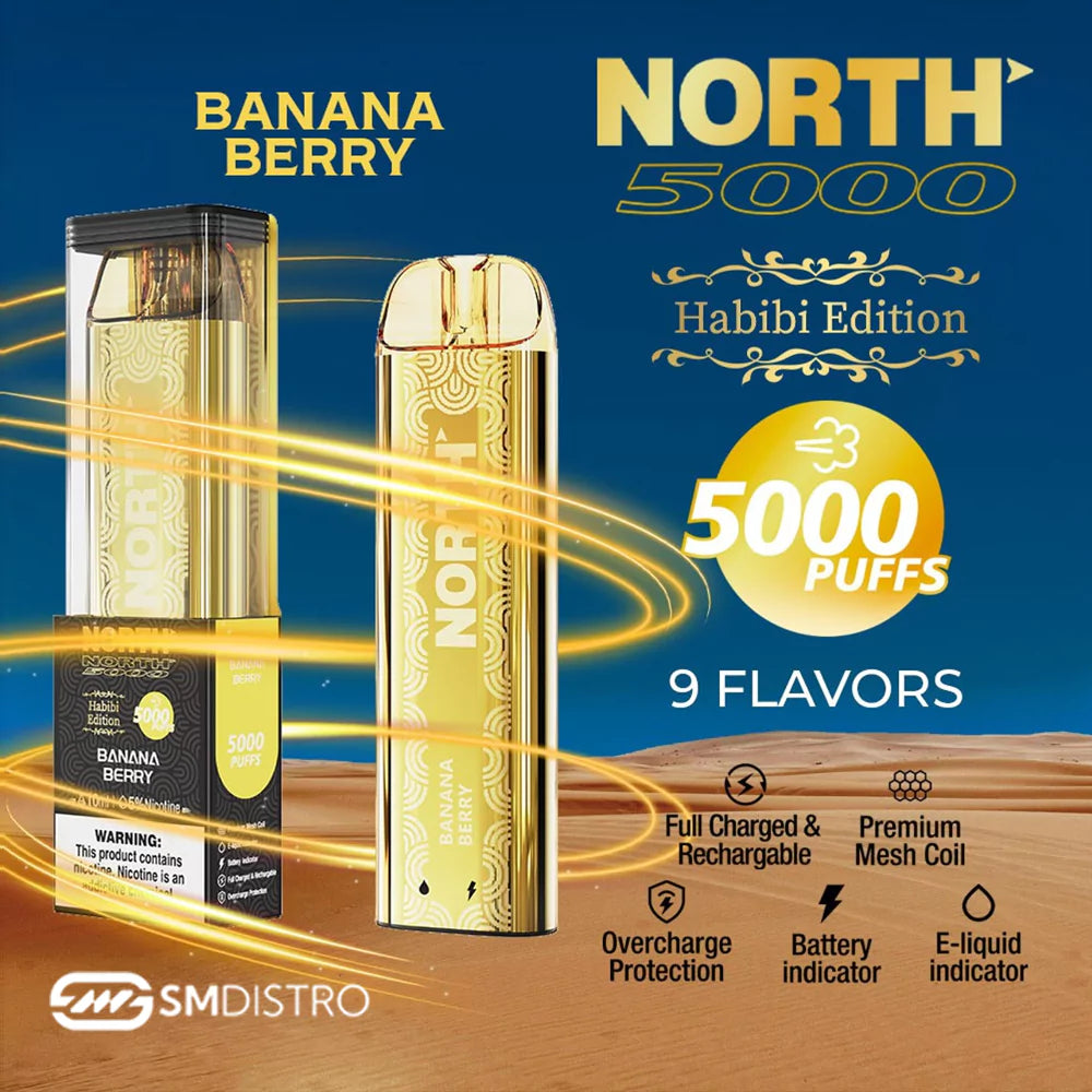 North Habibi Edition 10ML 5000 Puffs Disposable Vape Device With Premium Mesh Coil & E-liquid & Battery Indicator - Display of 10 (MSRP $25.00 Each)