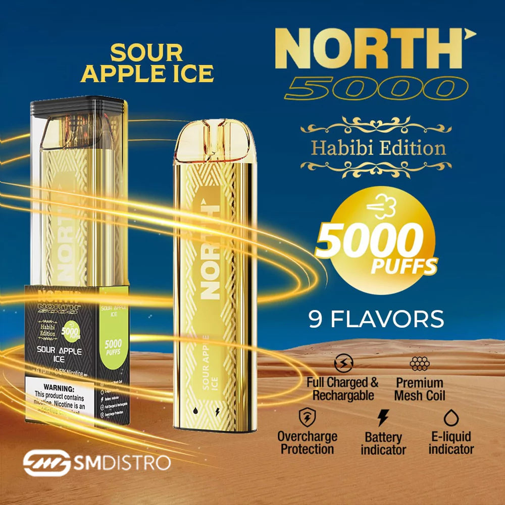 North Habibi Edition 10ML 5000 Puffs Disposable Vape Device With Premium Mesh Coil & E-liquid & Battery Indicator - Display of 10 (MSRP $25.00 Each)