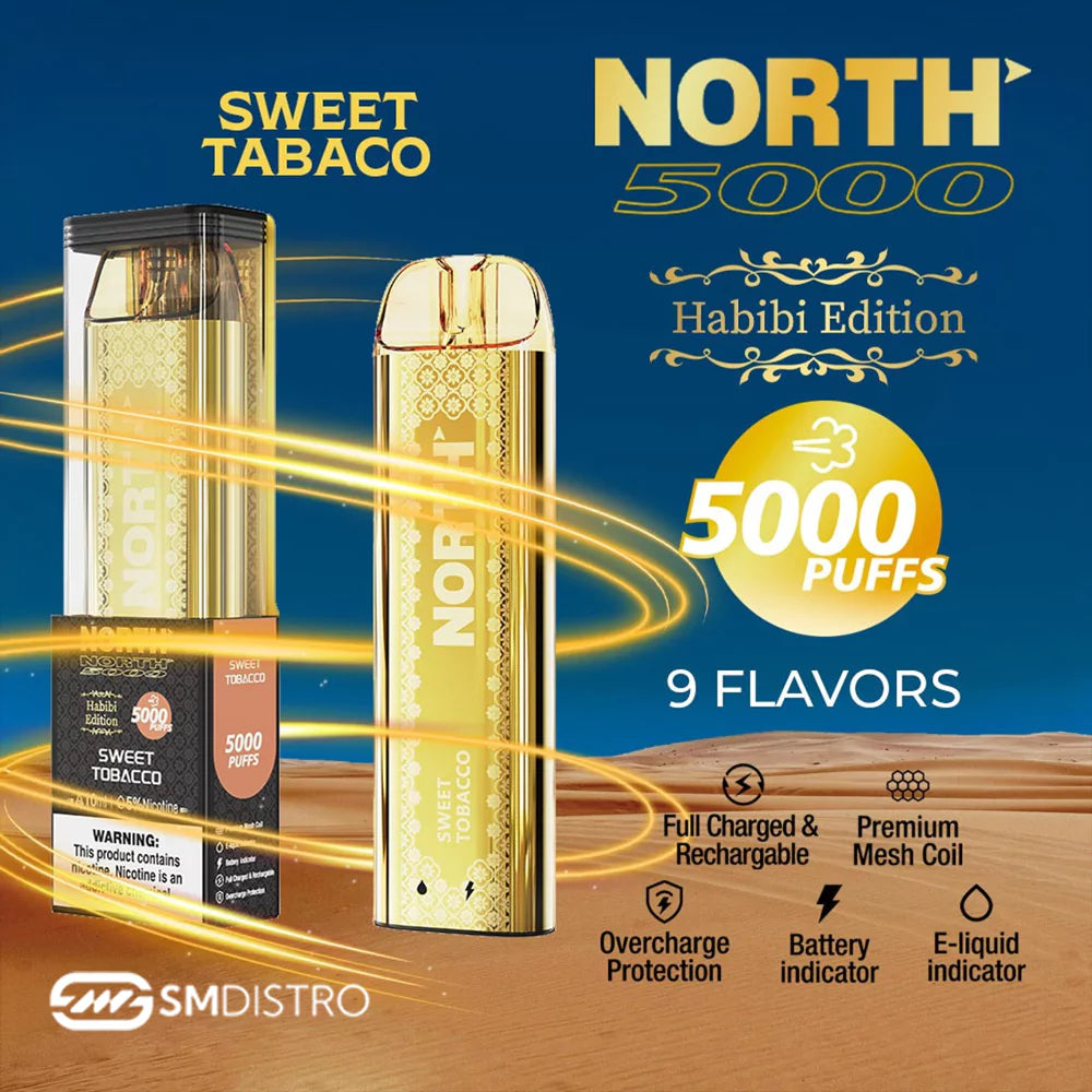 North Habibi Edition 10ML 5000 Puffs Disposable Vape Device With Premium Mesh Coil & E-liquid & Battery Indicator - Display of 10 (MSRP $25.00 Each)