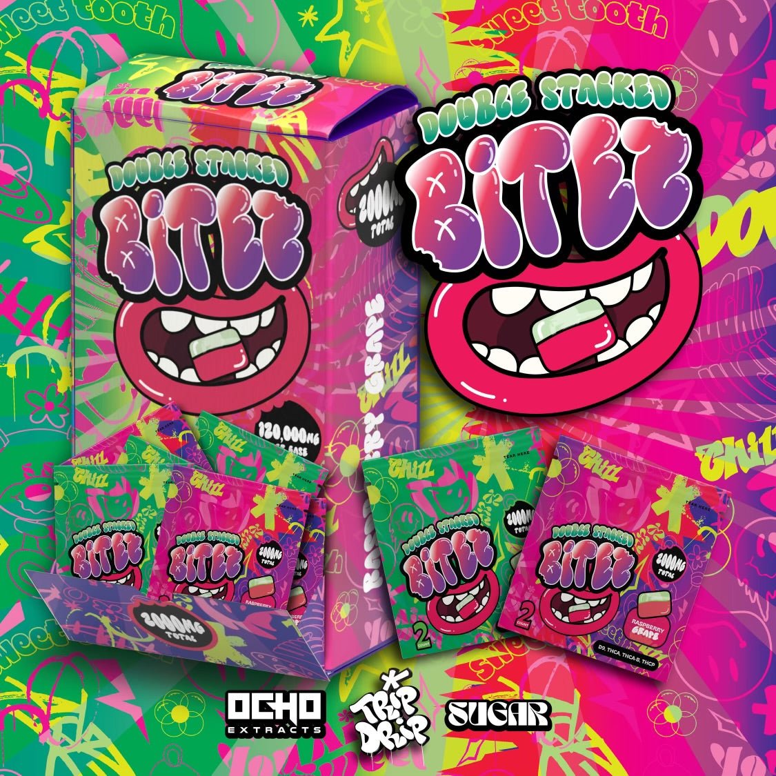 Double Stacked Bitez - D9 + THCA + THCA - B + THCP - 120,000MG / Display of 60 (MSRP $7.99 Each) - SMDistro