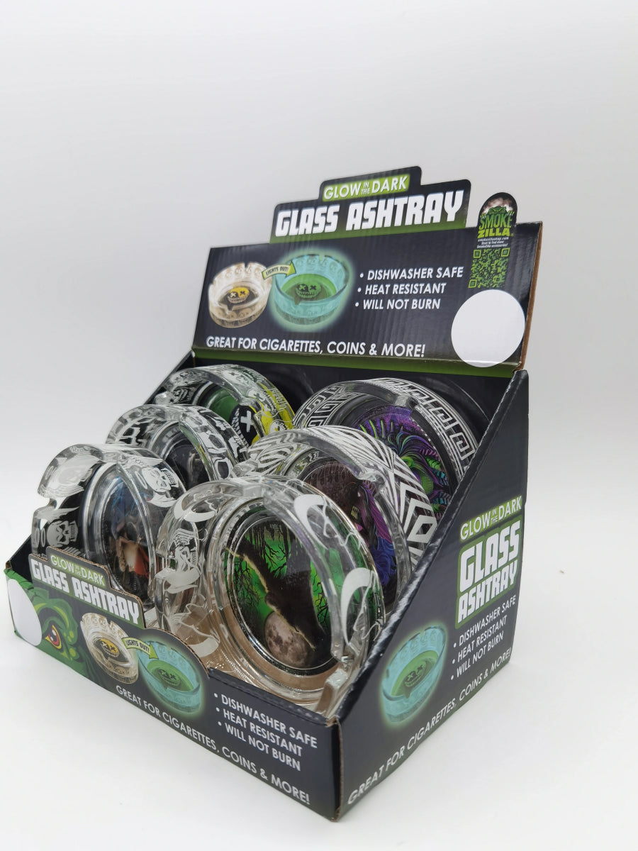 GLOW IN THE DARK GLASS ASHTRAY 6CT DISPLAY - SMDistro