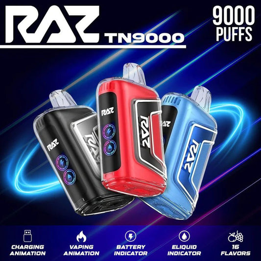Raz TN9000 12ml 5% Salt nicotine 9000 Puffs Rechargeable Disposable Vape Device with Adjustable Airflow & Wide Full Screen for Battery & E - Liquid Indicator - Display of 5 (MSRP $19.99 Each) - SMDistro